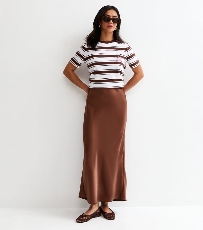 New Look Women's Petite Dark Brown Satin Bias Cut Midi Skirt New Look - 1