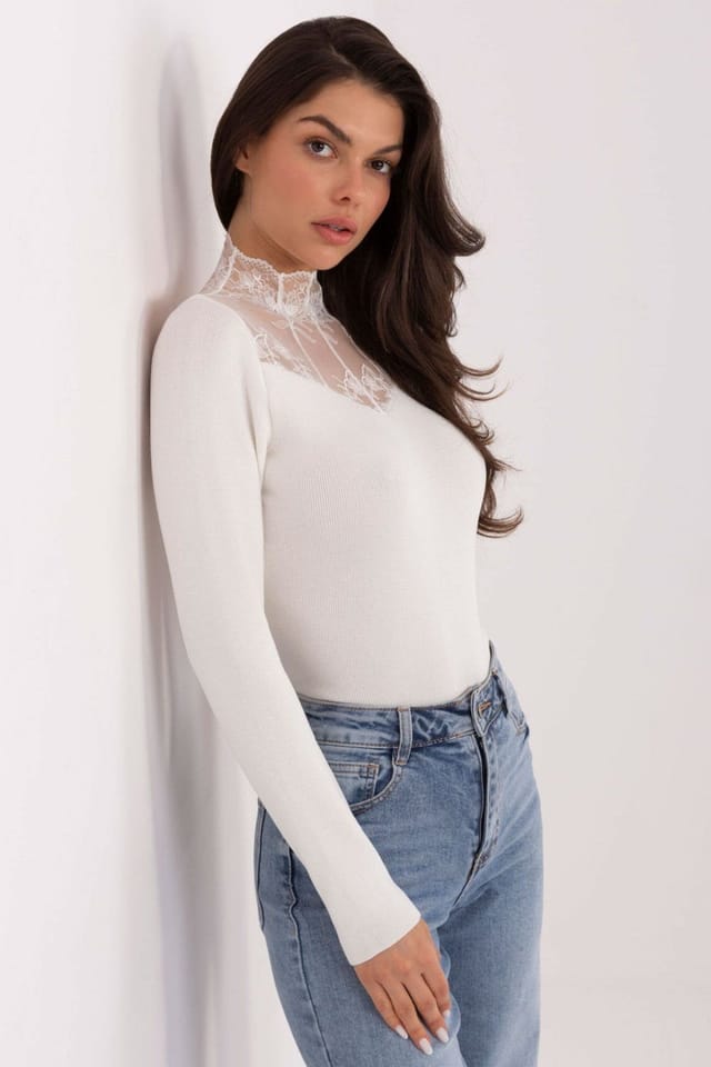 Love Lace Love Lace Women's Fitted Lace Insert Low Turtleneck Blouse Style 221698 in White - 2