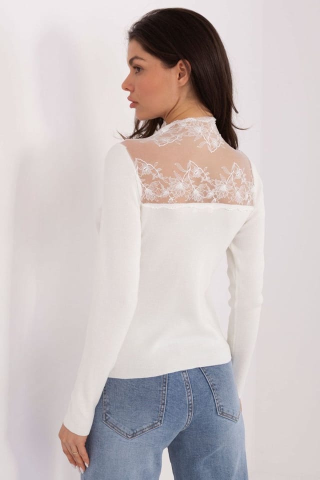 Love Lace Love Lace Women's Fitted Lace Insert Low Turtleneck Blouse Style 221698 in White - 3
