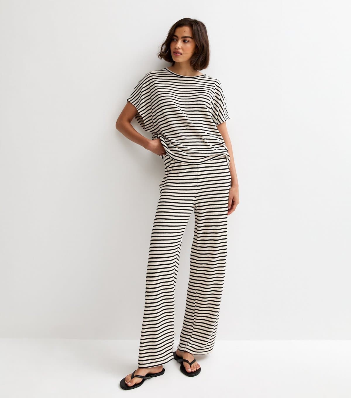 New Look Women's Cream Textured Striped Wide Leg Trousers New Look