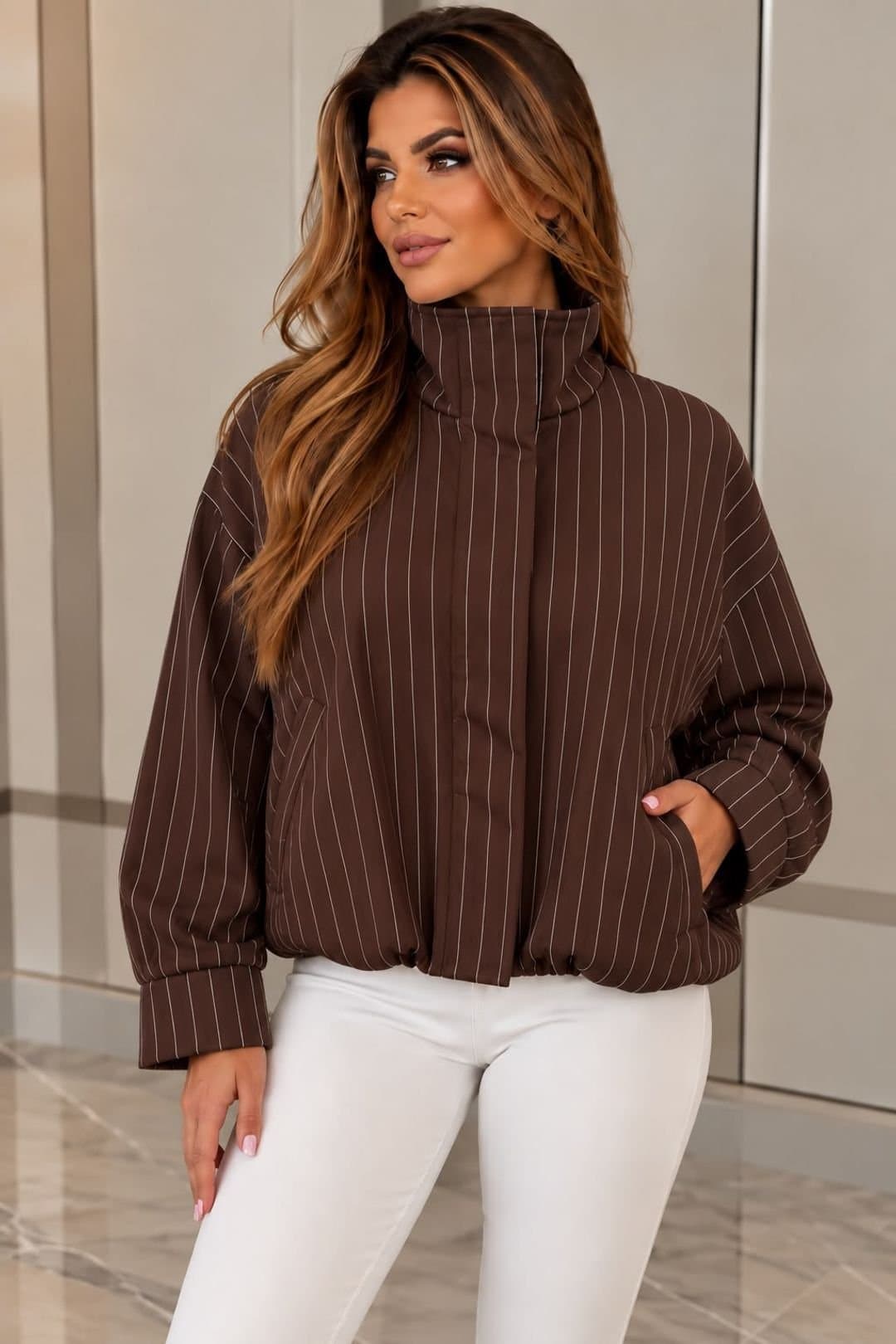STYLEWISE STYLEWISE Women's Contrasting Pinstripe - Funnel Neck - Bomber Jacket in Brown