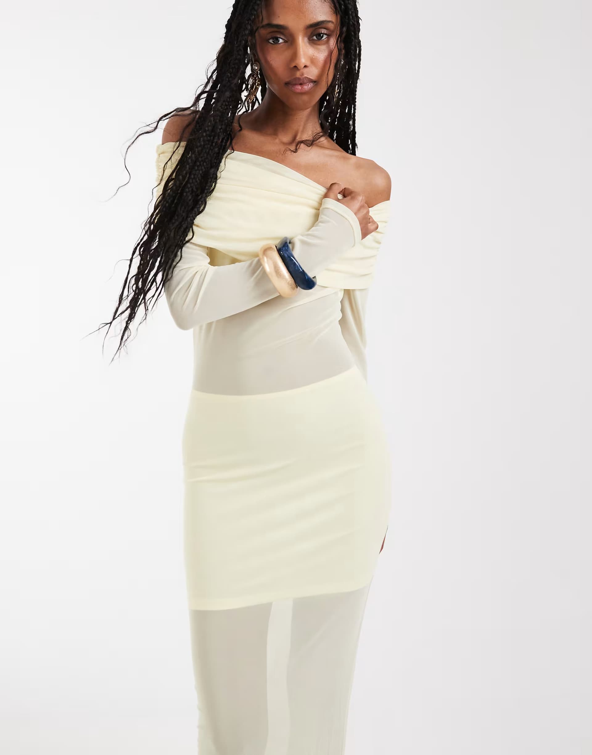 ASOS Aria Cove mesh bardot long sleeve exposed panel & sheer hem maxi dress in yellow