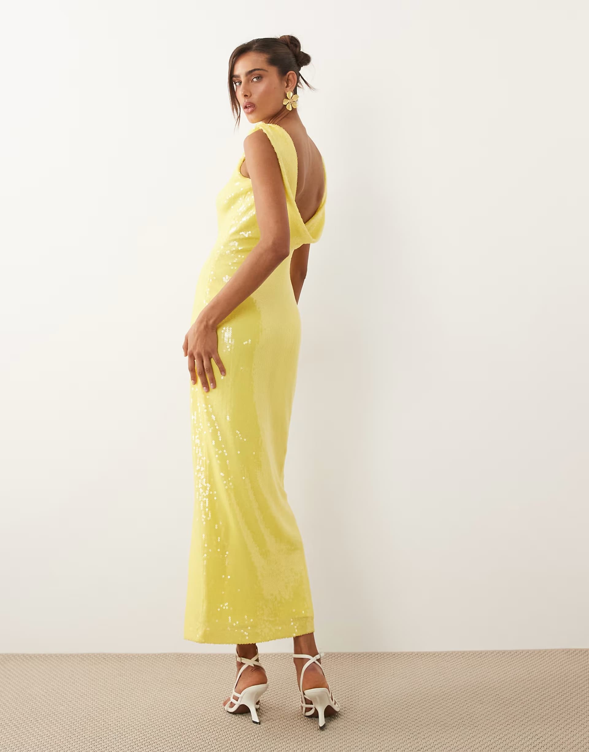 ASOS Rare London sequin deep cowl back maxi dress in yellow