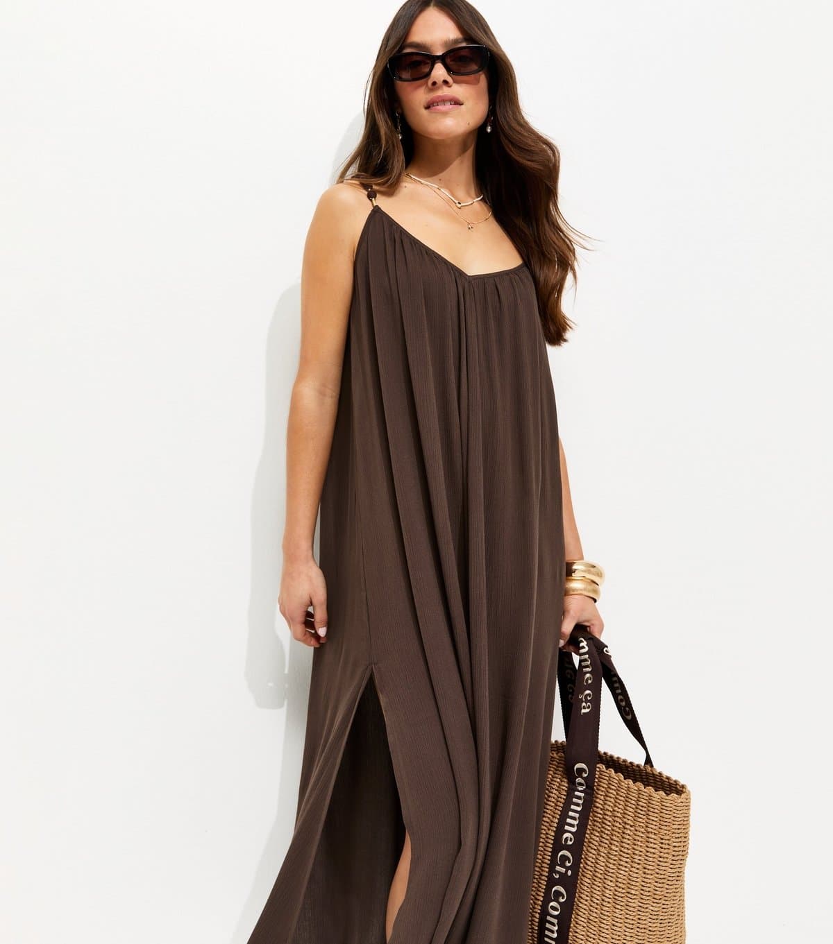 New Look Women's Petite Dark Brown Covered Beaded Strap Beach Maxi Dress New Look