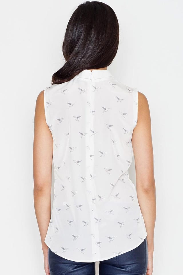 Love Lace Love Lace Women's Sleeveless Collared Blouse with Bird Pattern in White - 3