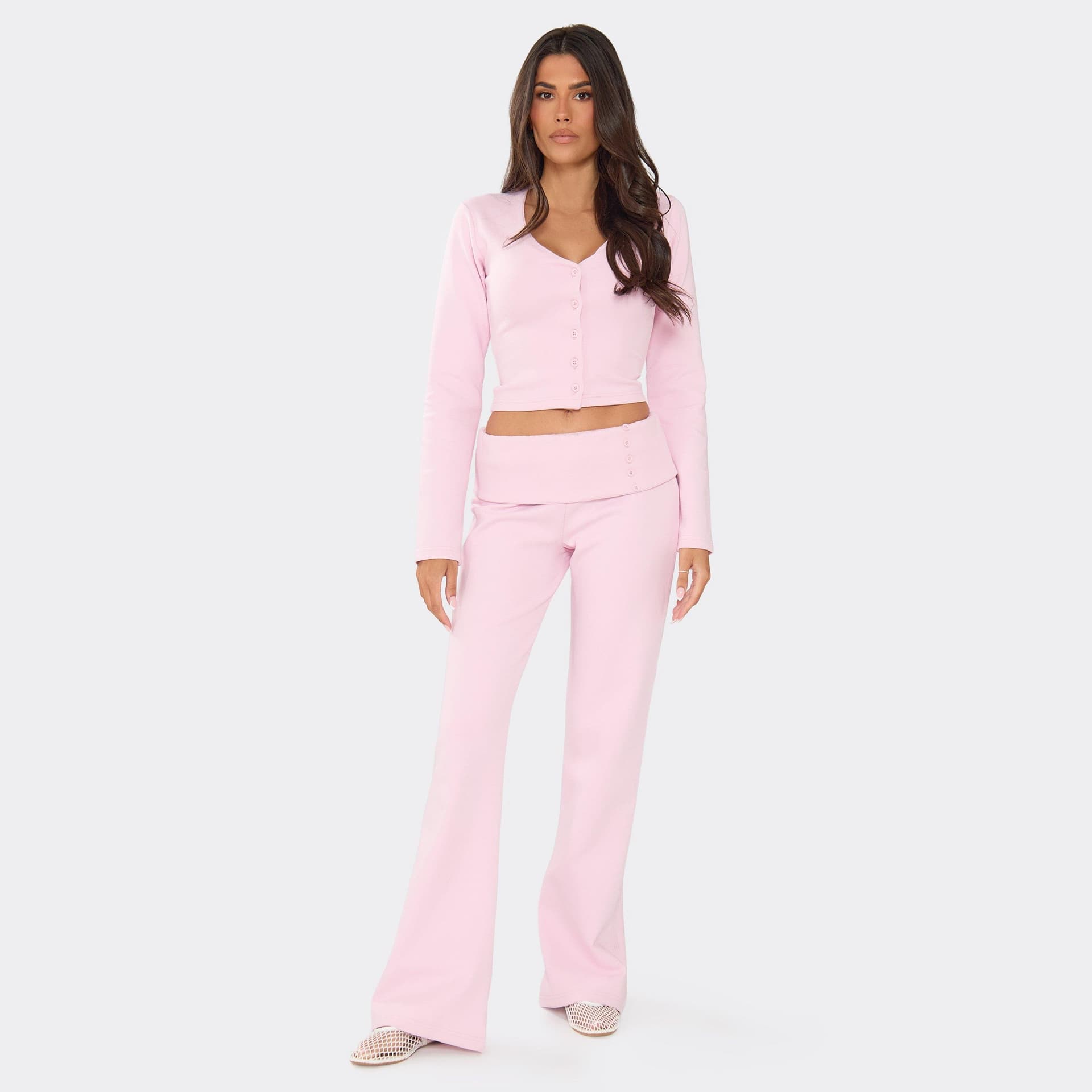 EGO Fold Over Button Detail Flared Jogger In Pink Interlock, Women's Size UK 6