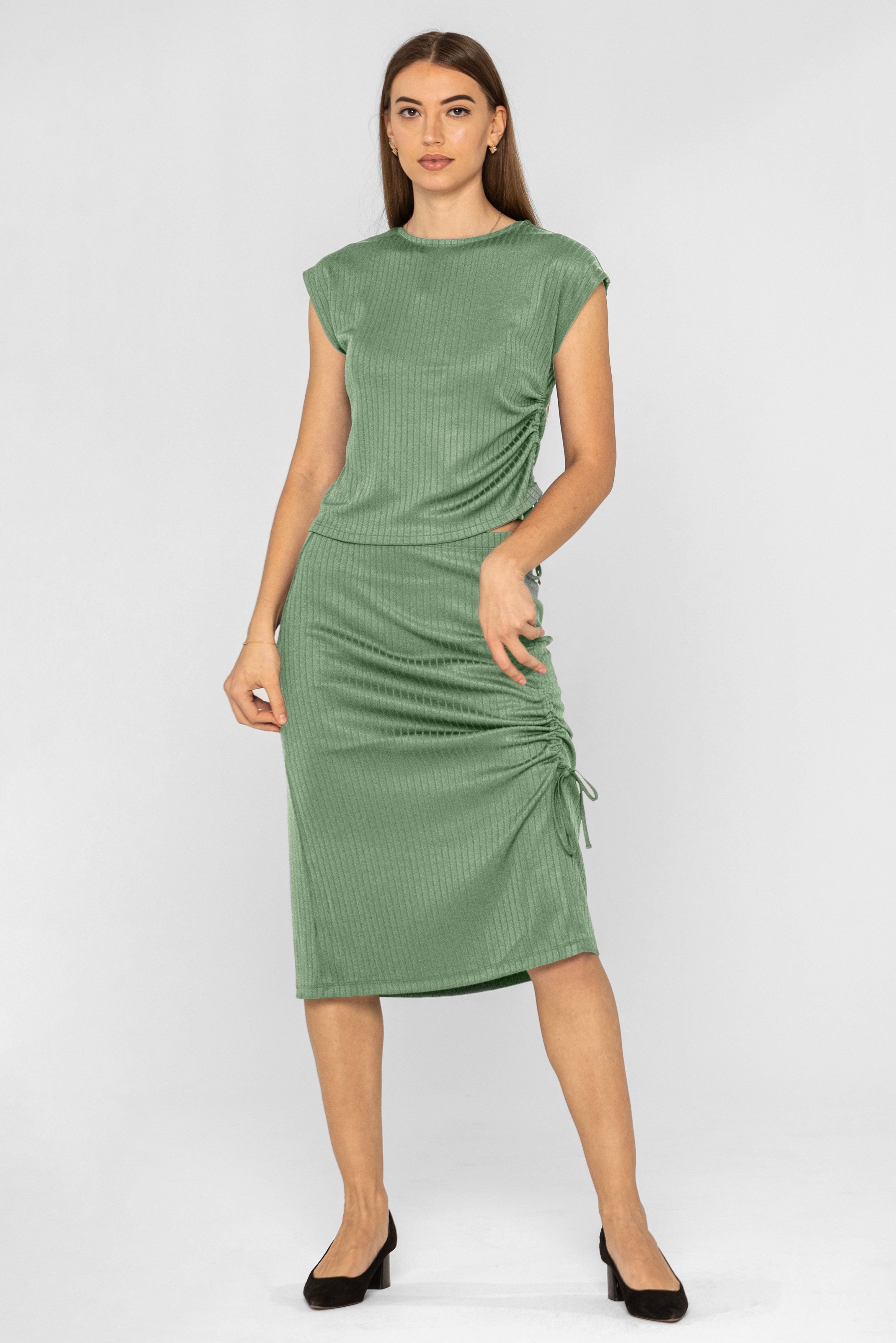Enorsia Enorsia Women's Ruched Crew Neck Top & Midi Skirt Co-ord in Green - 4