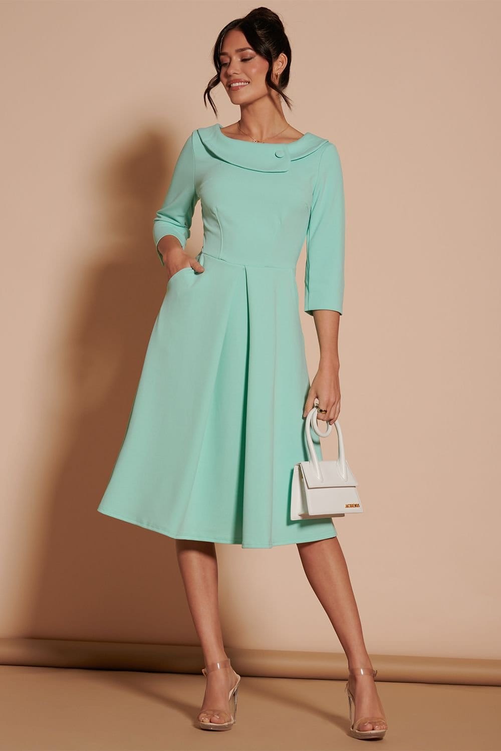 Jolie Moi Jolie Moi Women's 3/4 Sleeve Fold Neck Midi Dress in Light Green - 4