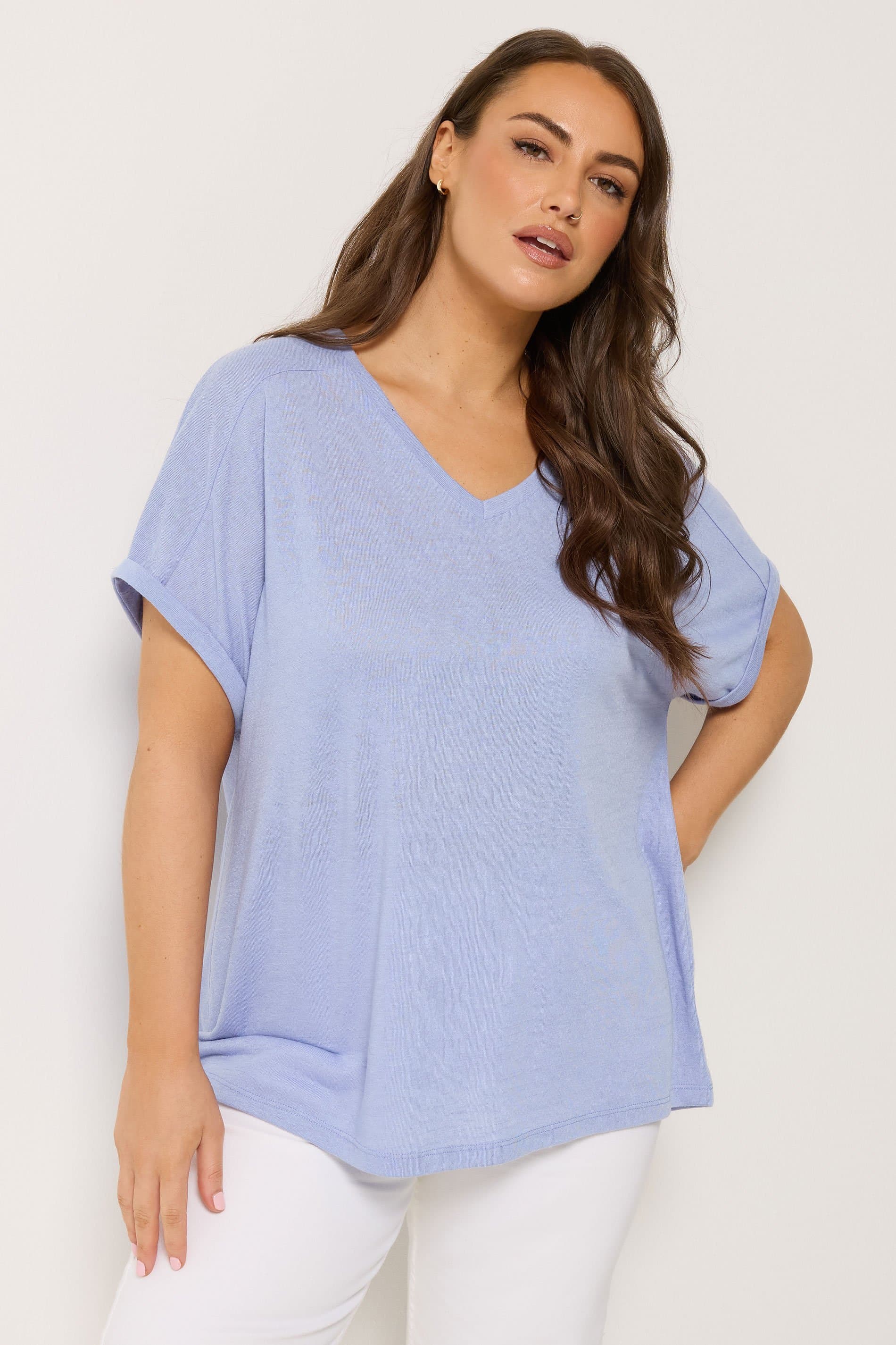 Yours Plus Size Light Blue Linen Look Tshirt