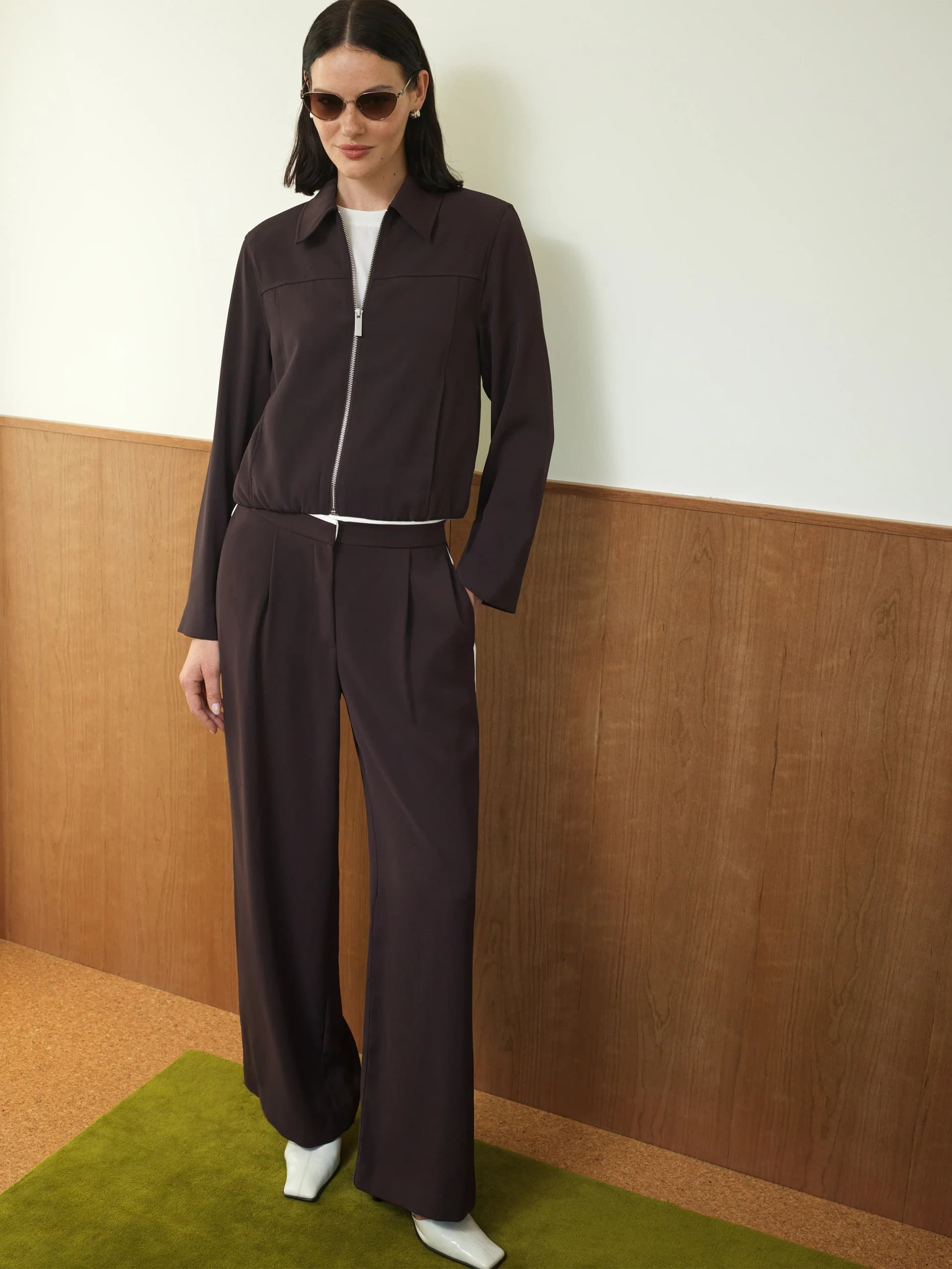 French Connection Vinnie Tailored Brown Zip Through Blouson Jacket Mocha Brown/Porcelain Cream