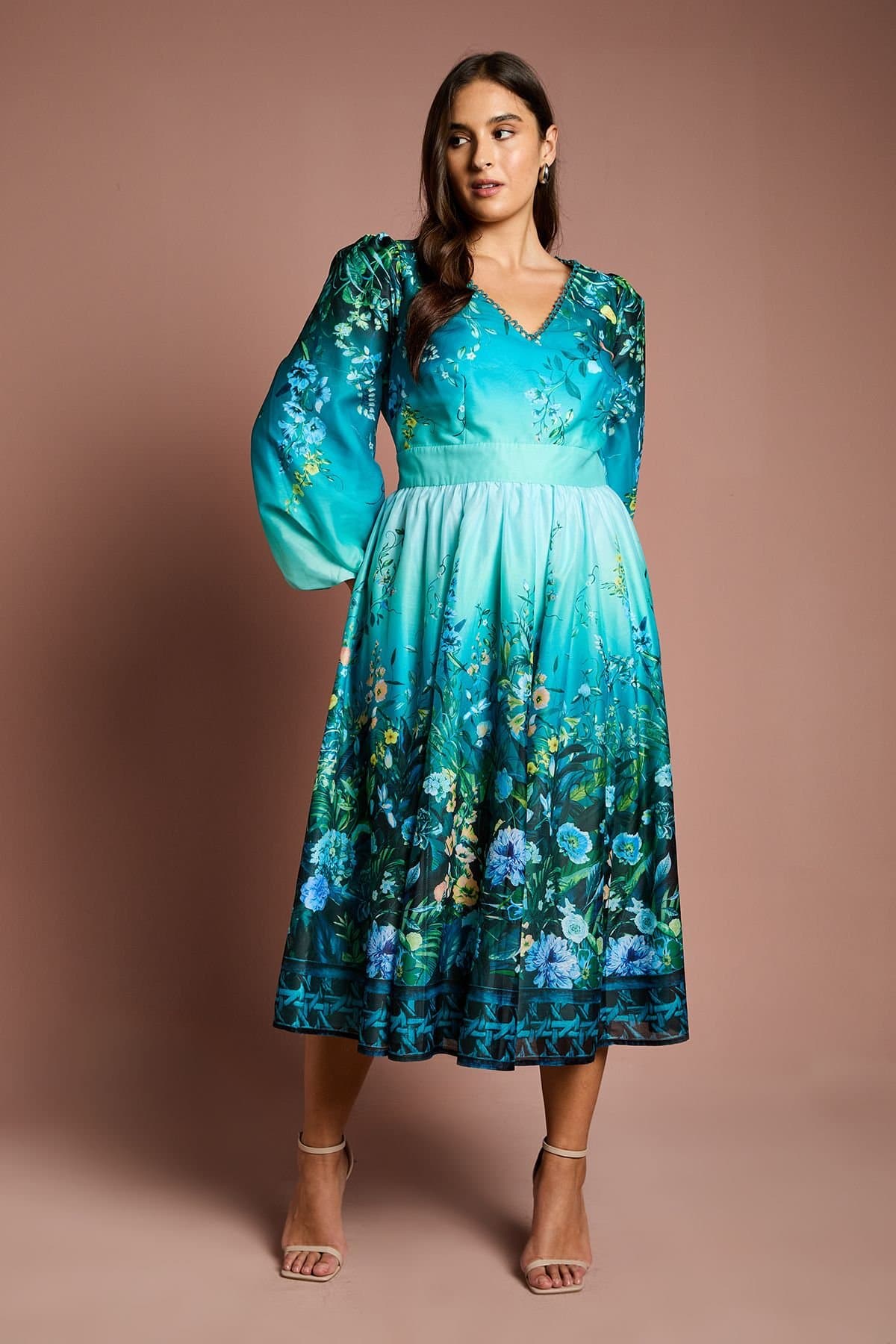 Coast Coast Women's Plus V Neck Long Sleeve Placement Print Organza Midi Dress in Teal