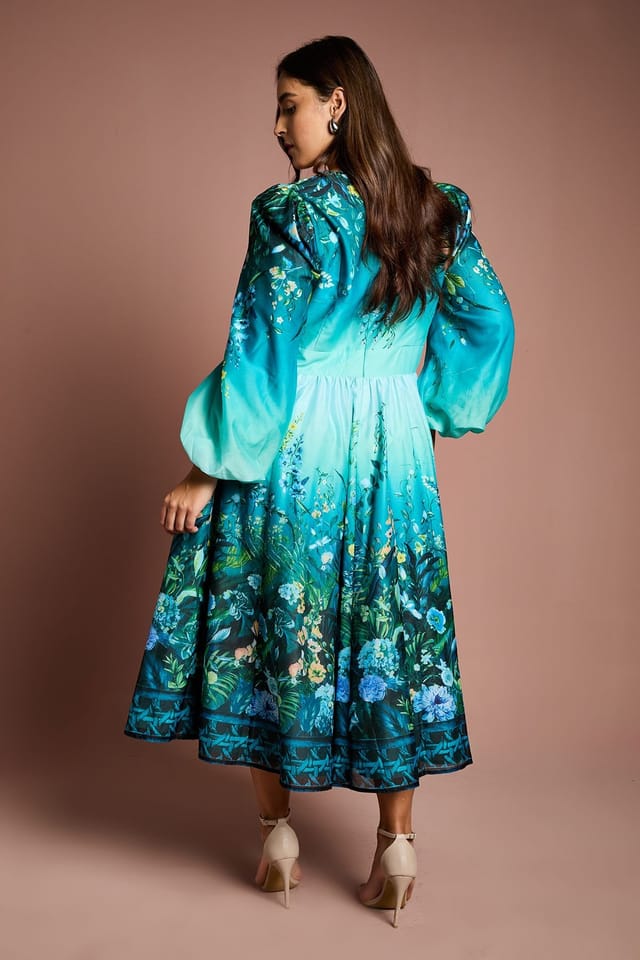 Coast Coast Women's Plus V Neck Long Sleeve Placement Print Organza Midi Dress in Teal - 3