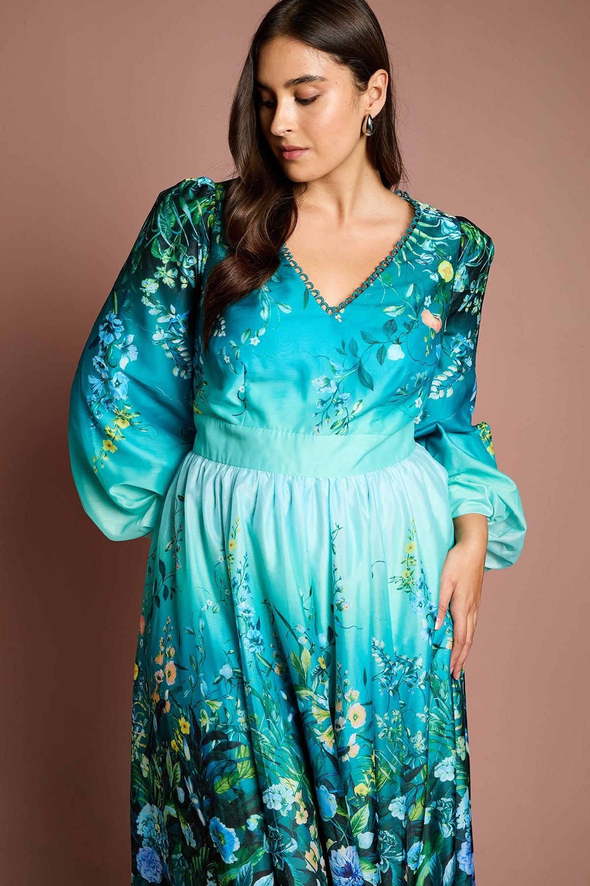 Coast Coast Women's Plus V Neck Long Sleeve Placement Print Organza Midi Dress in Teal - 4