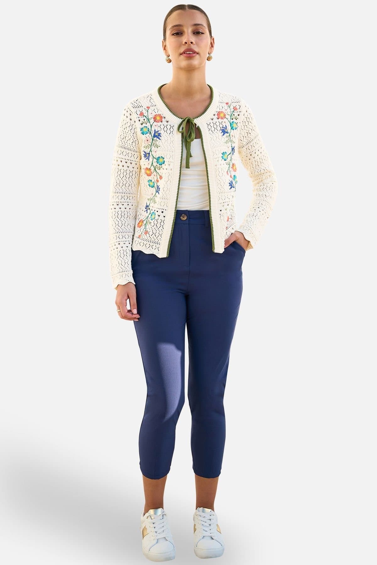 Yumi Yumi Women's Ivory Crochet Knitted Tie Front Cardigan With Floral Embroidery in Warm White