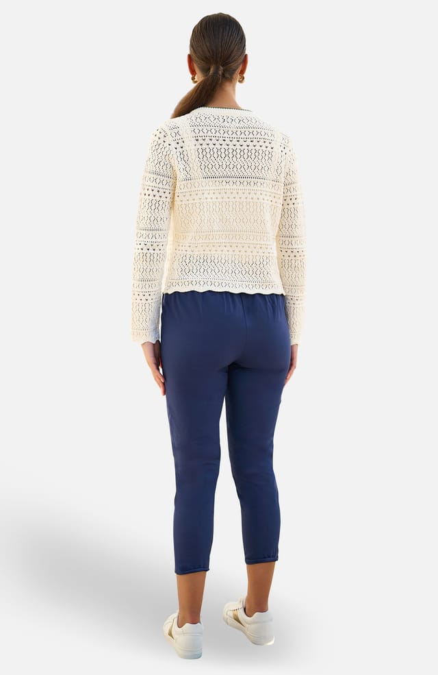 Yumi Yumi Women's Ivory Crochet Knitted Tie Front Cardigan With Floral Embroidery in Warm White - 2