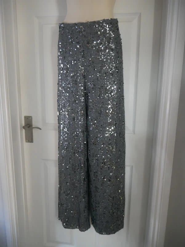 George George Silver Sequin Wide Leg Trousers UK 10 Grey Sparkly Party Evening Trousers