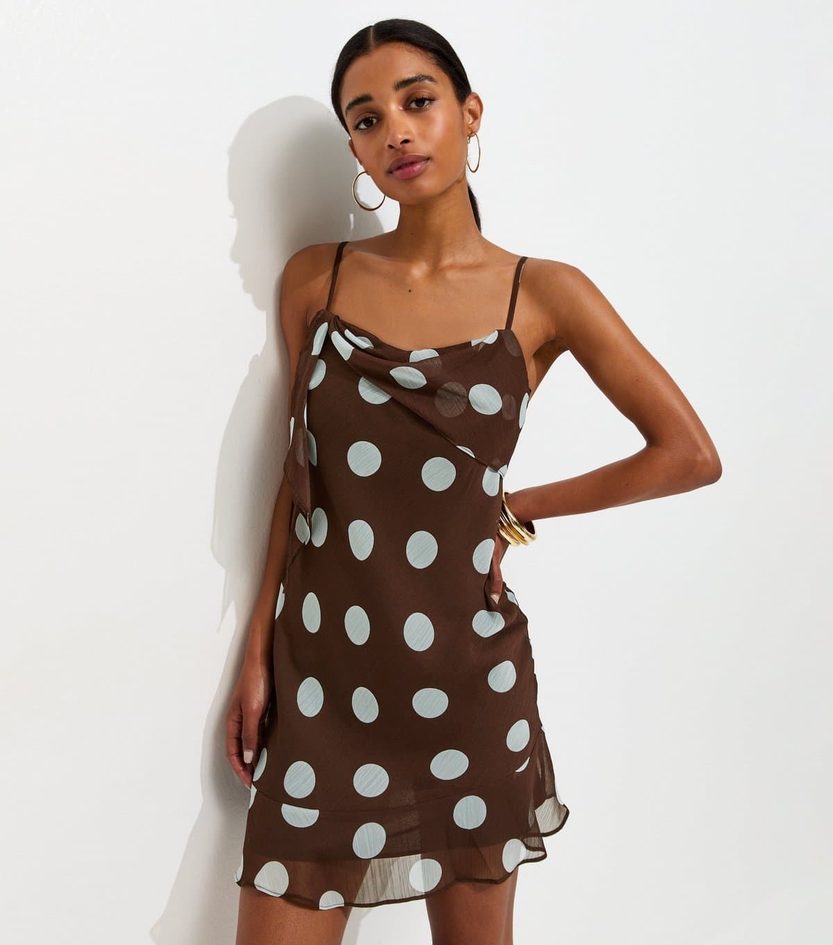 New Look Women's Dark Brown Chiffon Polka Dot Mini Dress New Look