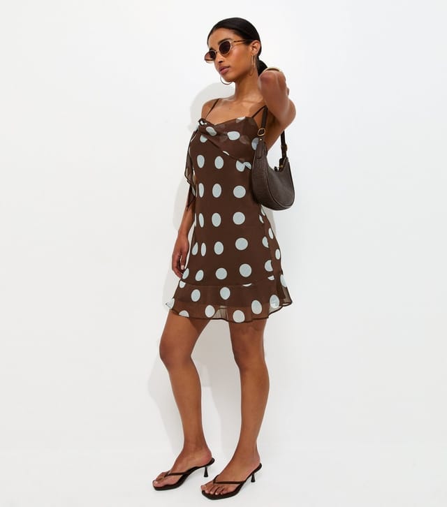 New Look Women's Dark Brown Chiffon Polka Dot Mini Dress New Look - 2