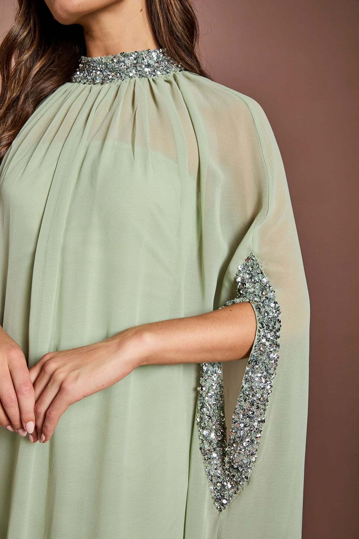 Coast Coast Women's Chiffon Cape Style Sequin Maxi Dress in Sage - 4