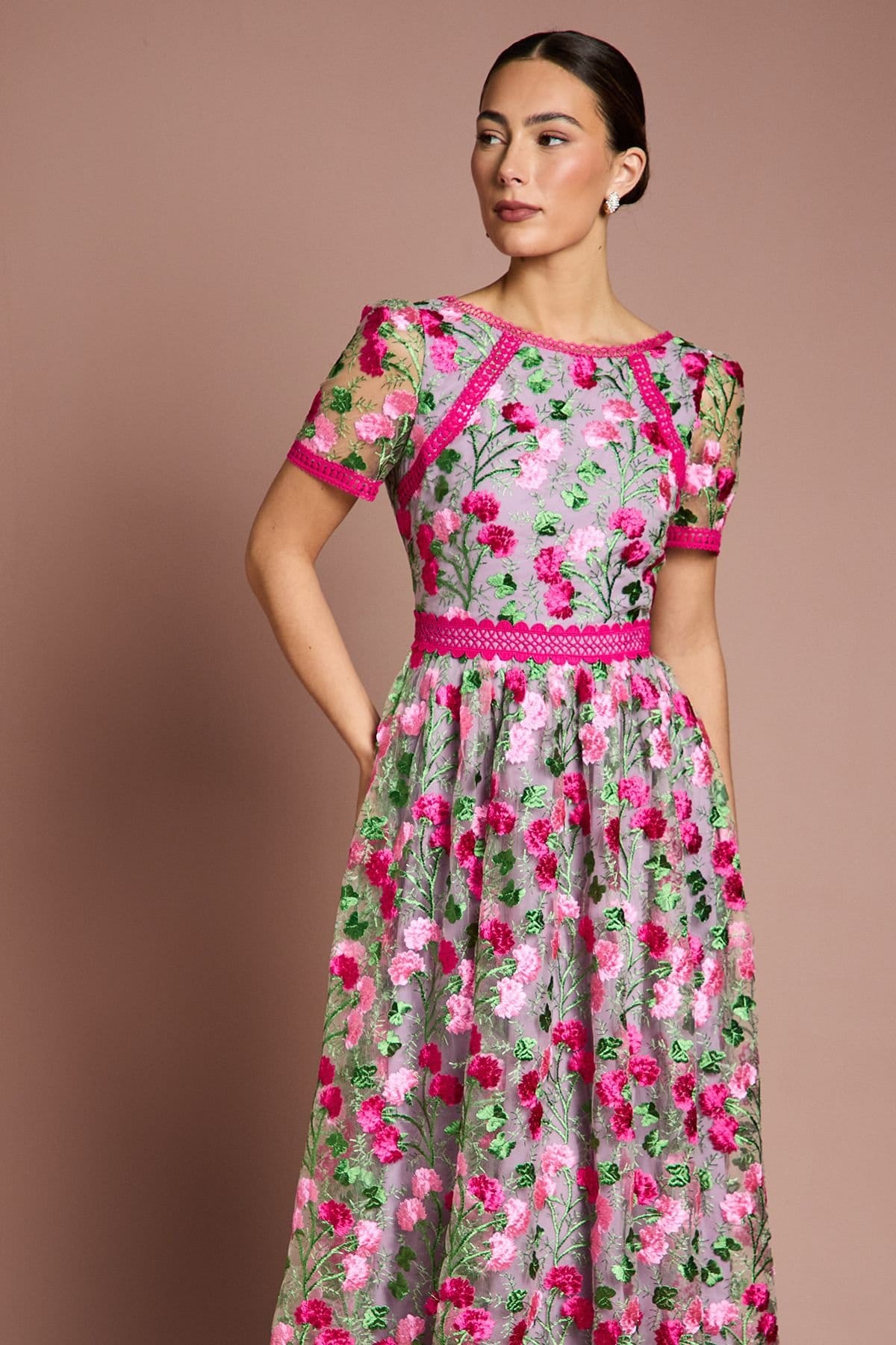 Coast Coast Women's Lace Trim Detail Embroidered Mesh Midi Dress in Pink - 4