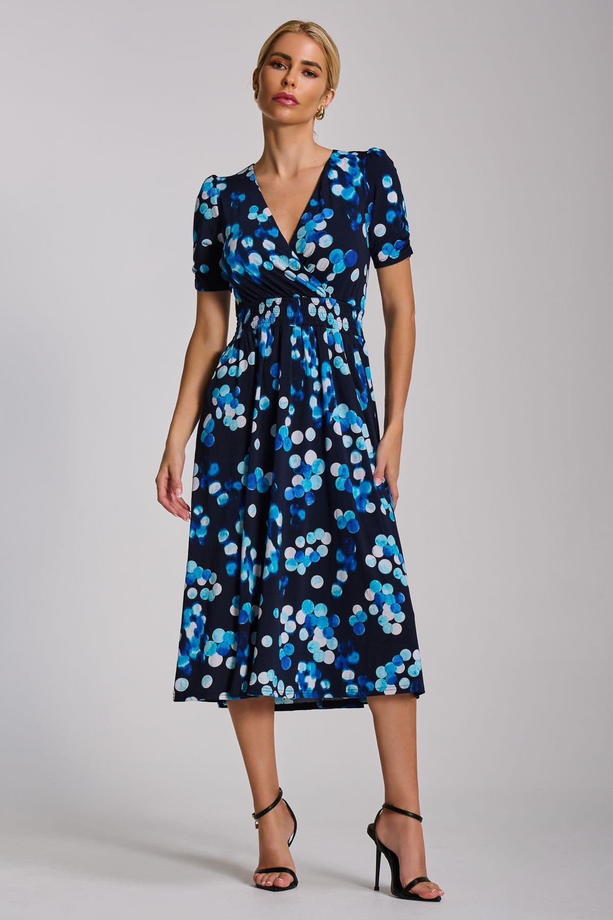 Jolie Moi Dark Blue Printed Jersey Midi Dress With Ruche Sleeves
