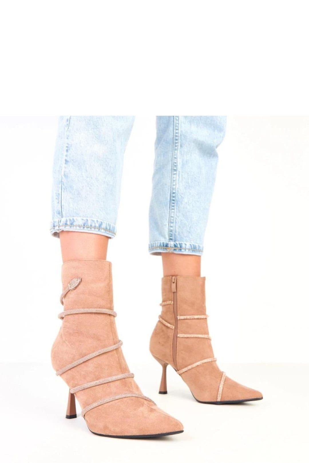 Love Lace Love Lace Women's Elegant Suede Ankle Boots with Zircon Strap Shine Stiletto Heel in Beige