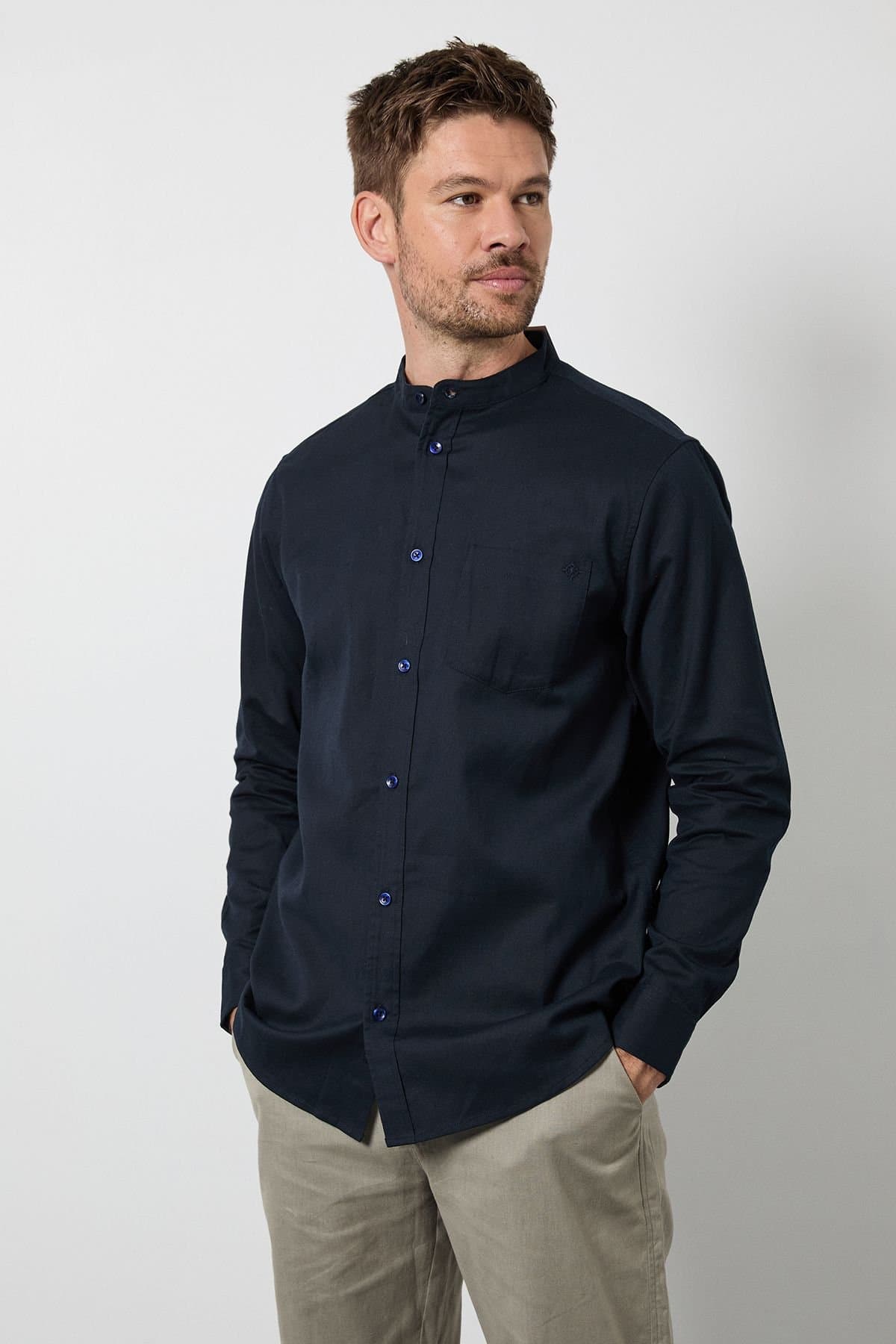 Maine Maine Men's Navy Grandad Long Sleeve Linen Blend Shirt