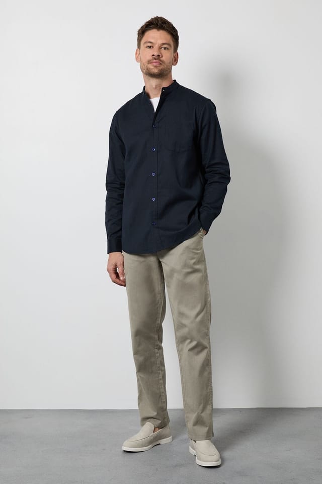 Maine Maine Men's Navy Grandad Long Sleeve Linen Blend Shirt - 2