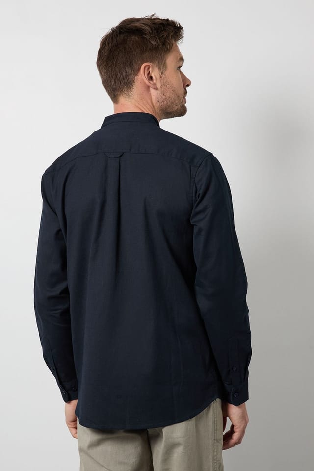 Maine Maine Men's Navy Grandad Long Sleeve Linen Blend Shirt - 3