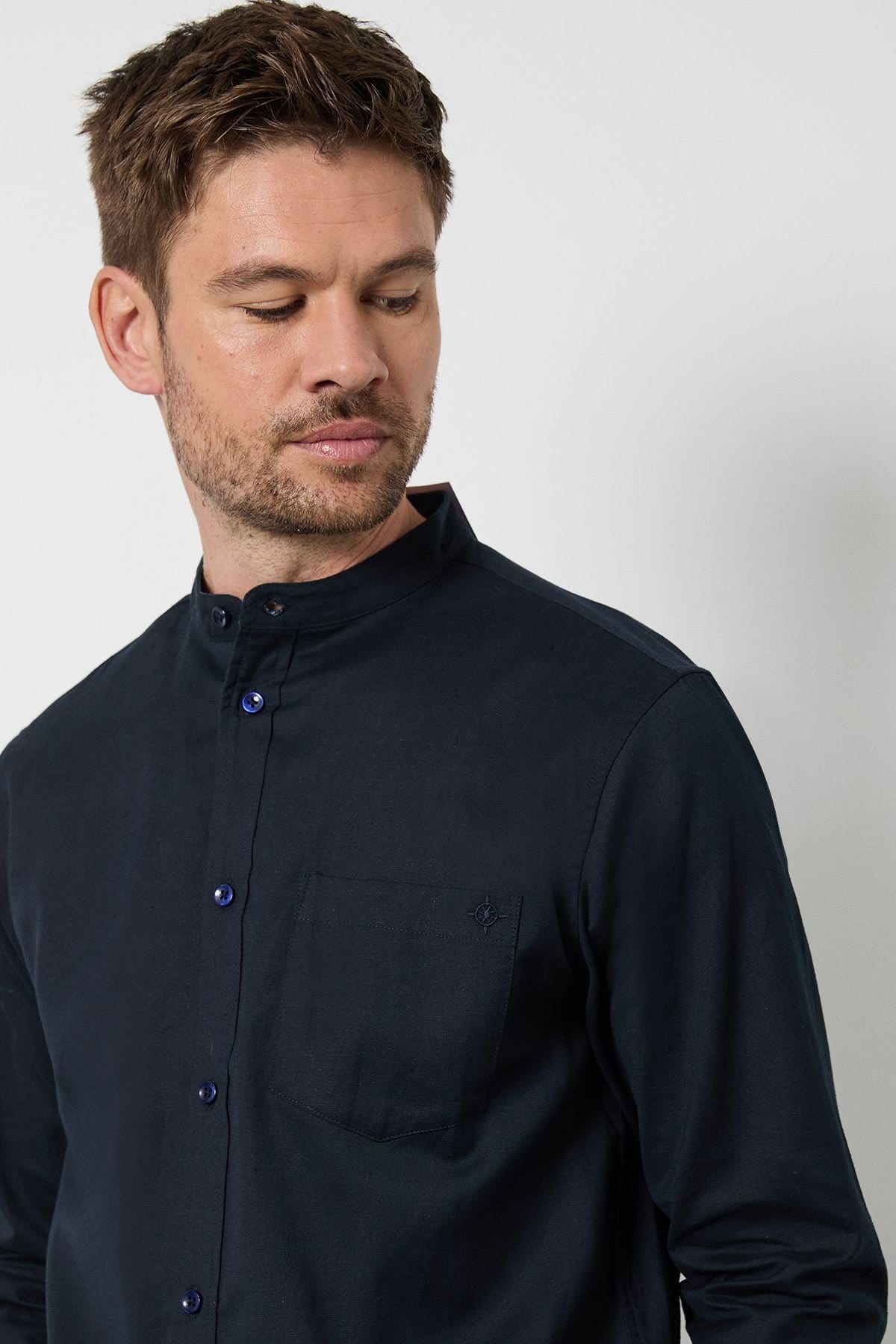 Maine Maine Men's Navy Grandad Long Sleeve Linen Blend Shirt - 4