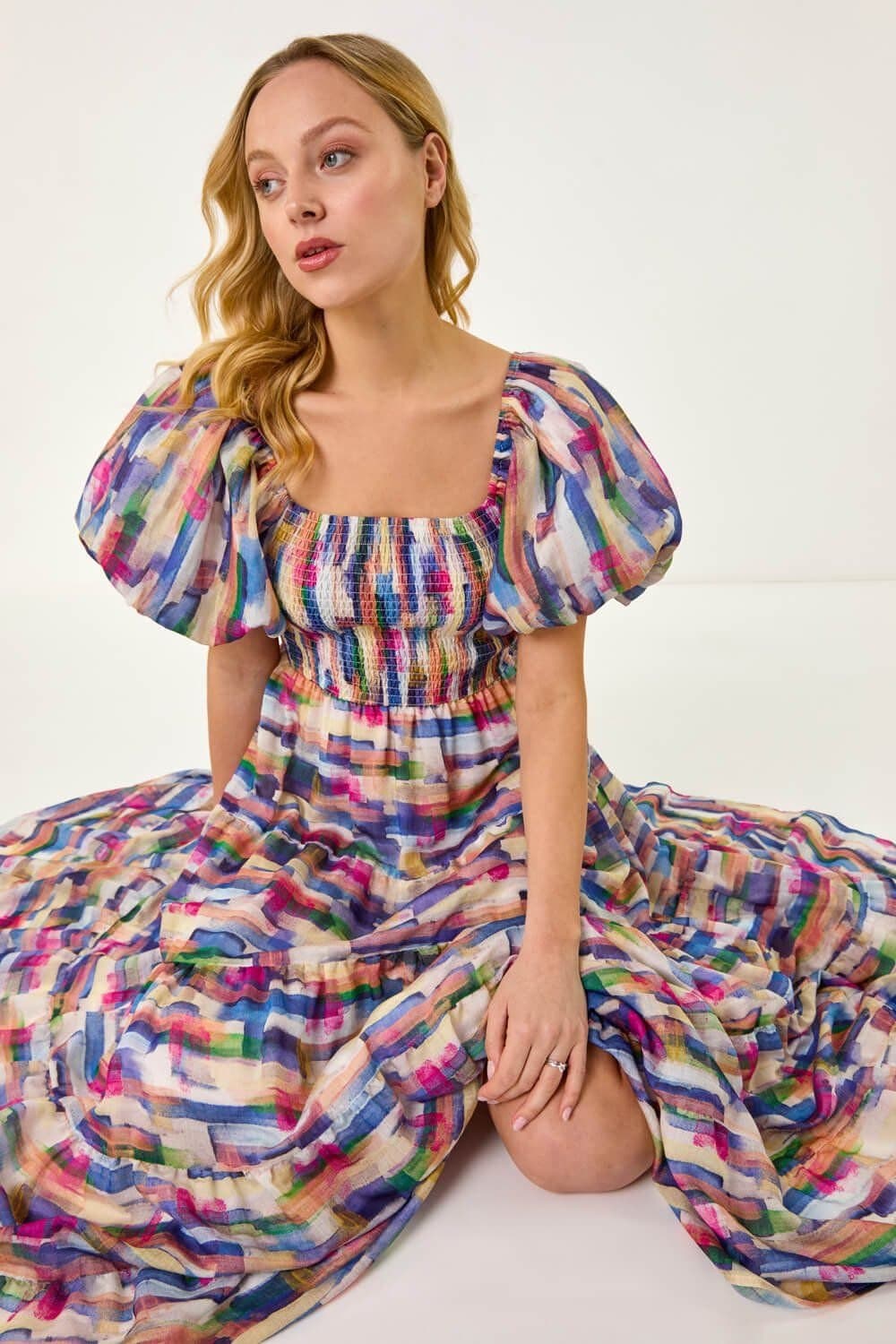 DUSK Dusk Women's Abstract Puff Sleeve Tiered Dress in Pink