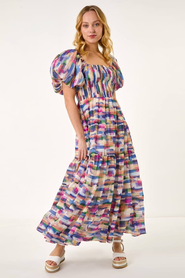 DUSK Dusk Women's Abstract Puff Sleeve Tiered Dress in Pink - 2