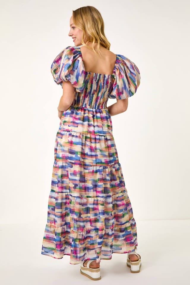 DUSK Dusk Women's Abstract Puff Sleeve Tiered Dress in Pink - 3