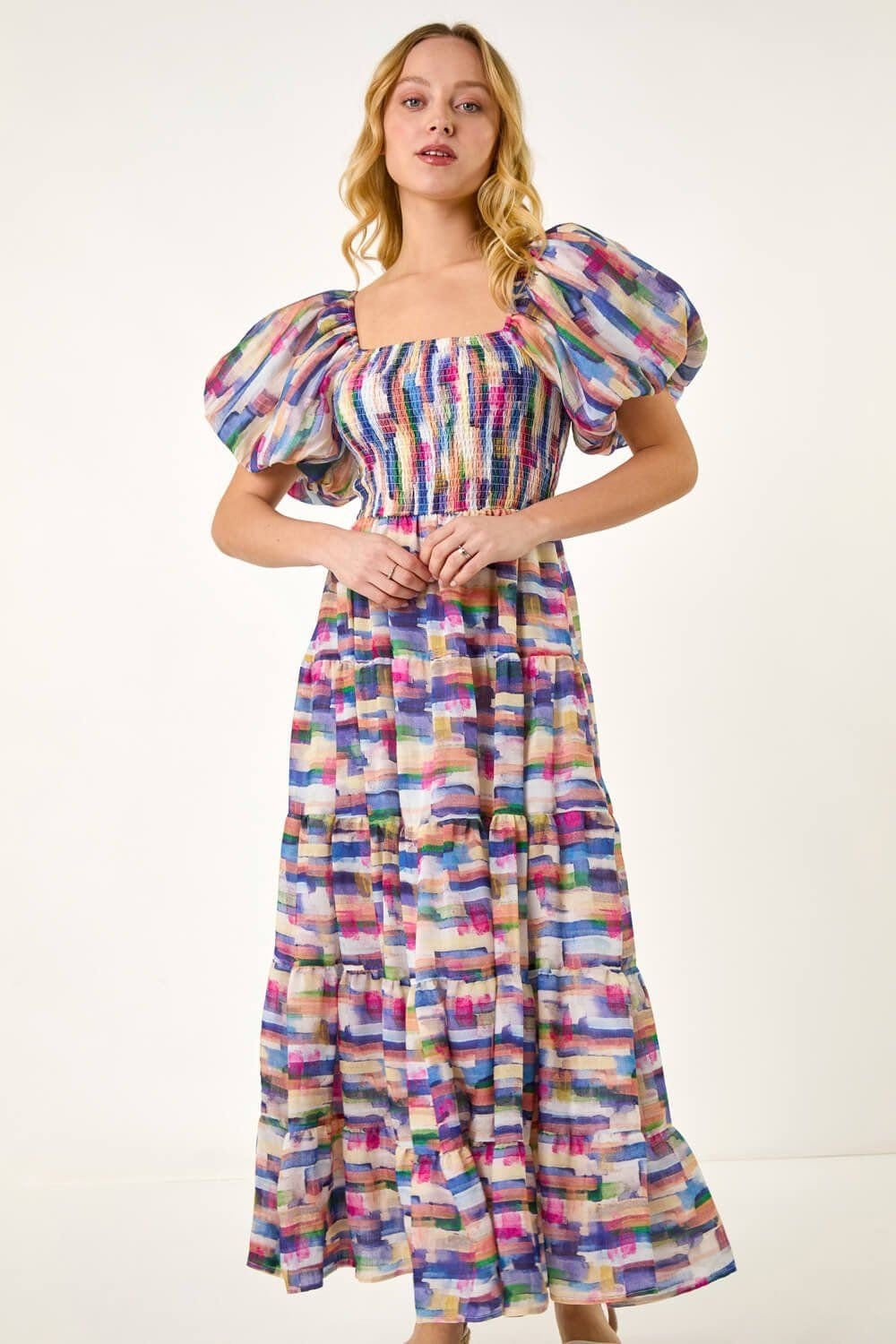 DUSK Dusk Women's Abstract Puff Sleeve Tiered Dress in Pink - 4