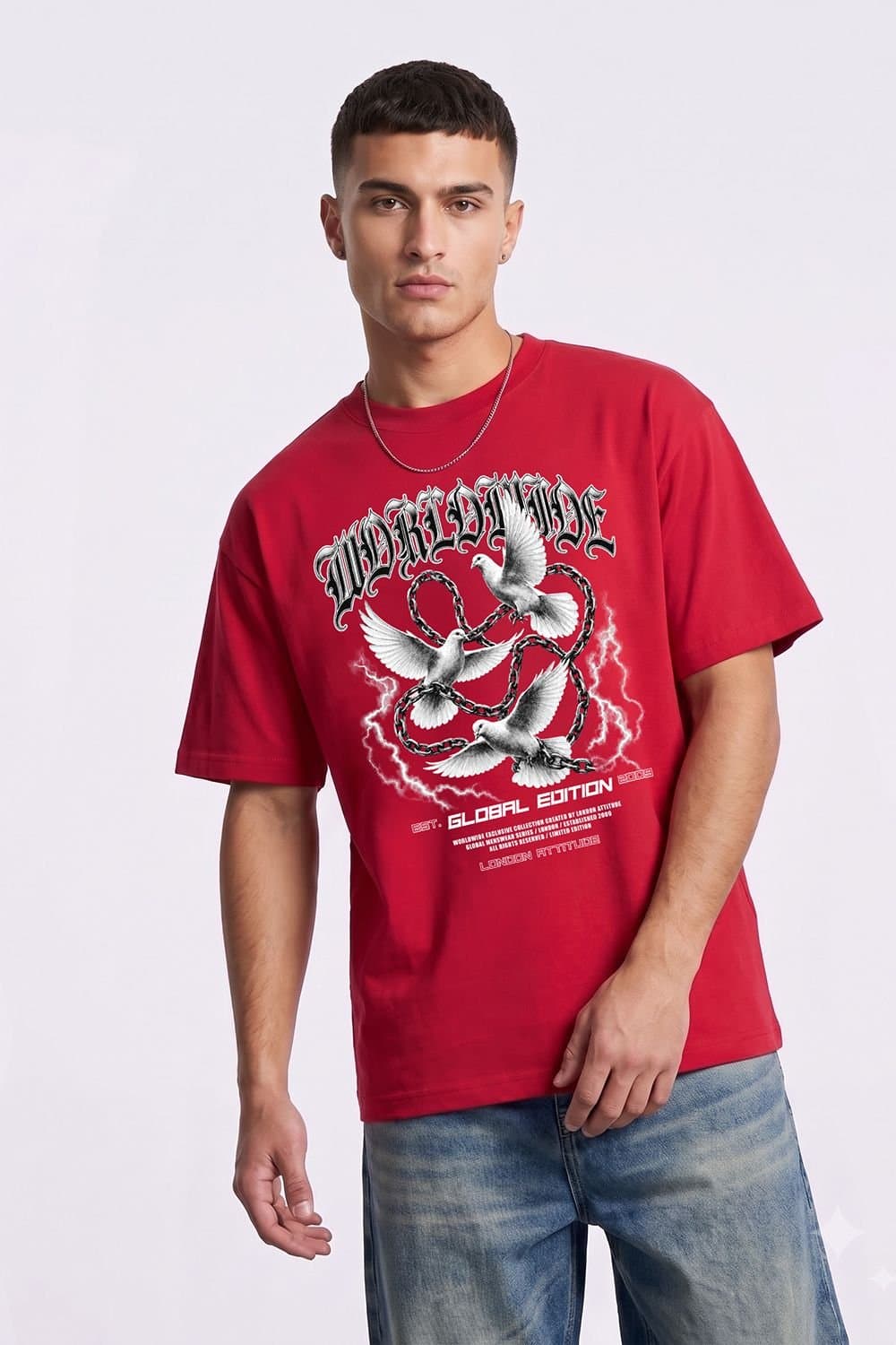 LONDON ATTITUDE LONDON ATTITUDE Men's Worldwide Global Edition Oversized Heavyweight Graphic T-Shirt in Red