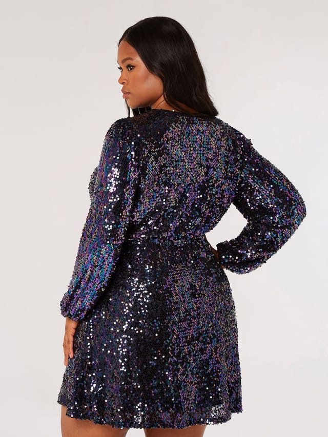 Apricot Apricot Women's Curve Sequin Wrap Mini Dress in Black - 3