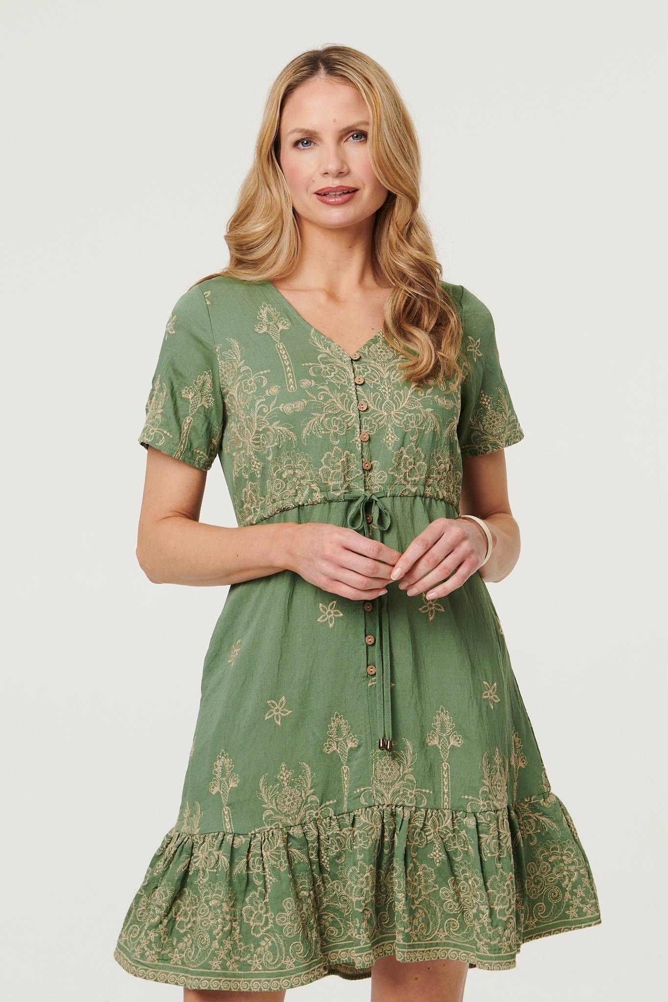 Izabel London Izabel London Women's Floral Embroidered Knee Length Dress in Green