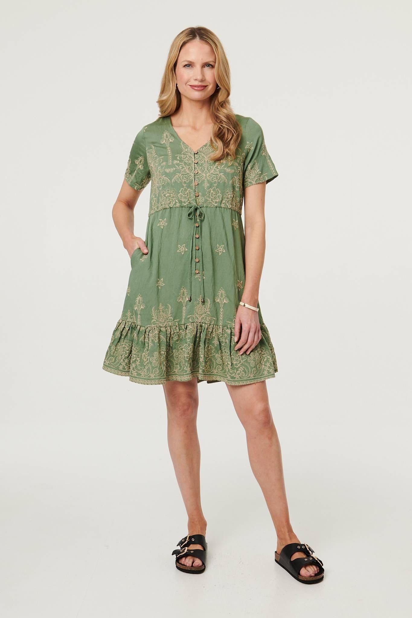 Izabel London Izabel London Women's Floral Embroidered Knee Length Dress in Green - 4