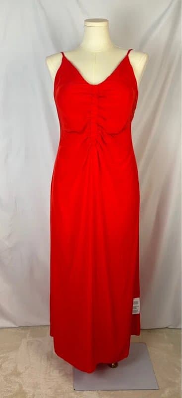 Topshop UK 16 Topshop Viscose Ruched Slip Maxi Dress Strappy Backless Red Holiday Occasion