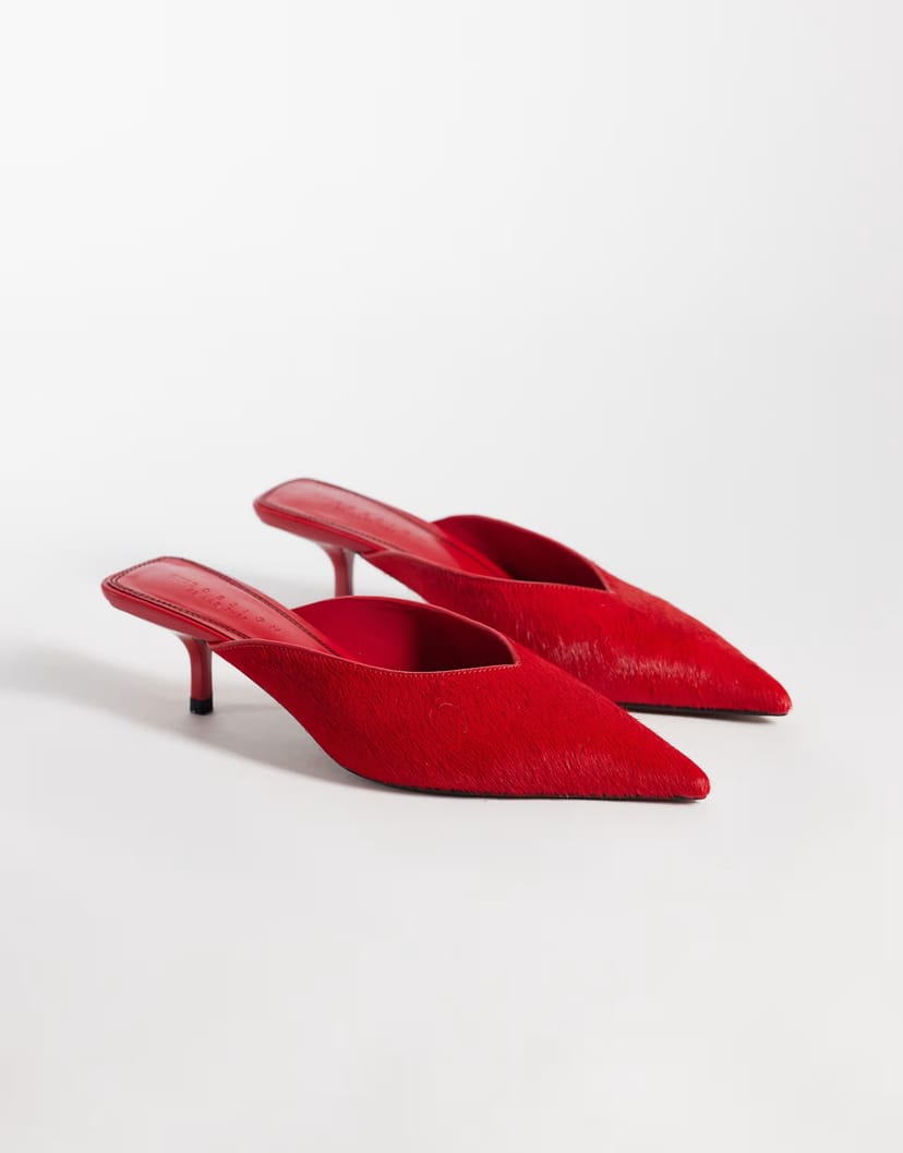 ASOS ASOS DESIGN Surprise hair on real leather pointed kitten heeled mules in red - 1
