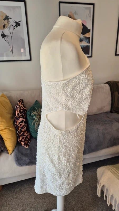 New Look New Look White Sequin cut out one shoulder mini hen do dress 14