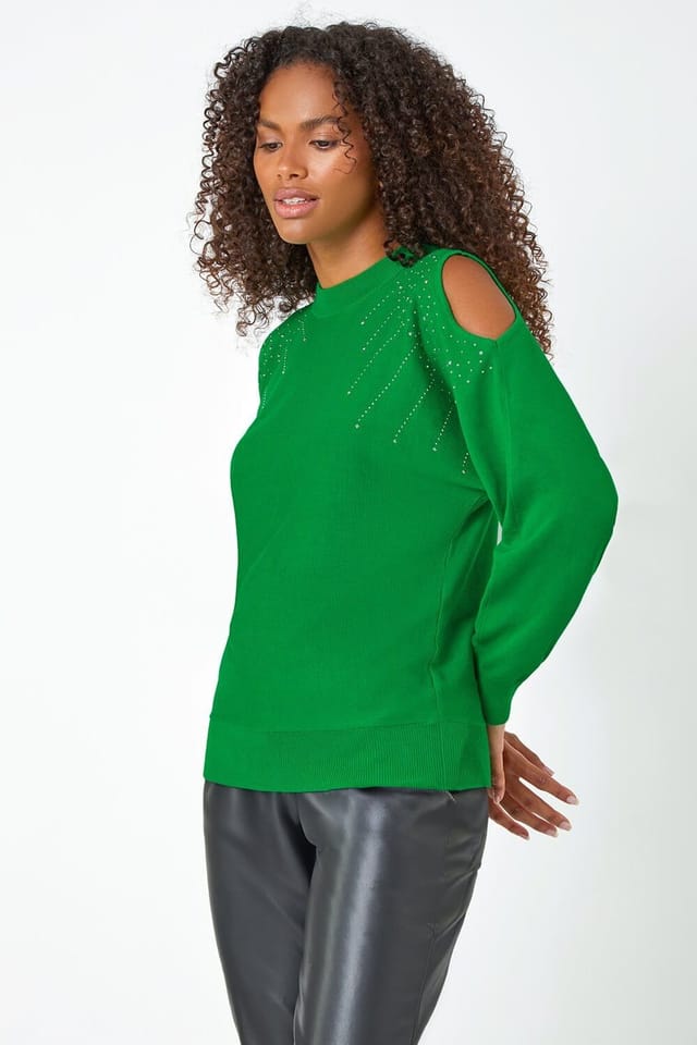 Dusk Dusk Women's Sparkle Cold Shoulder Jumper in Green - 2