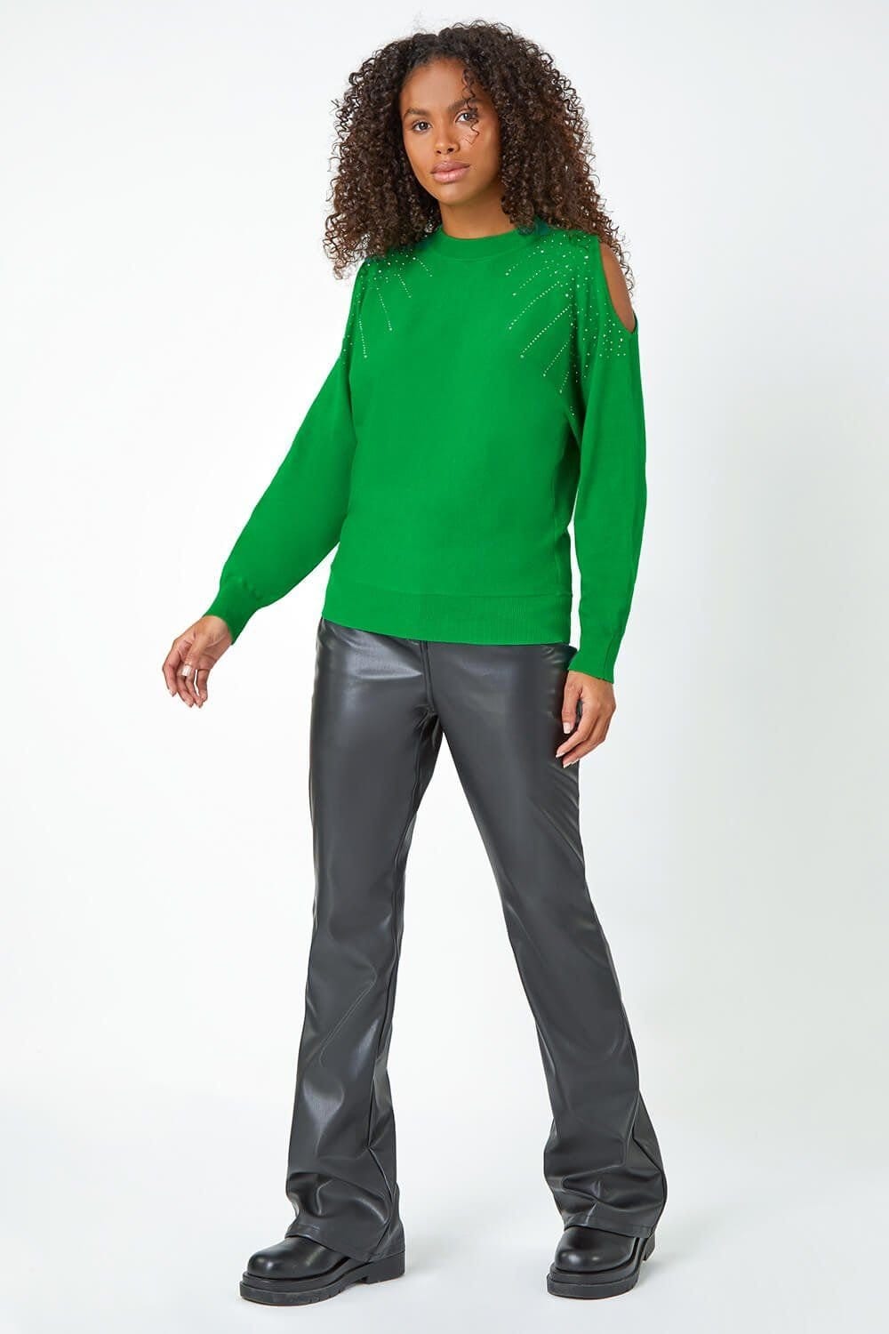 Dusk Dusk Women's Sparkle Cold Shoulder Jumper in Green - 4