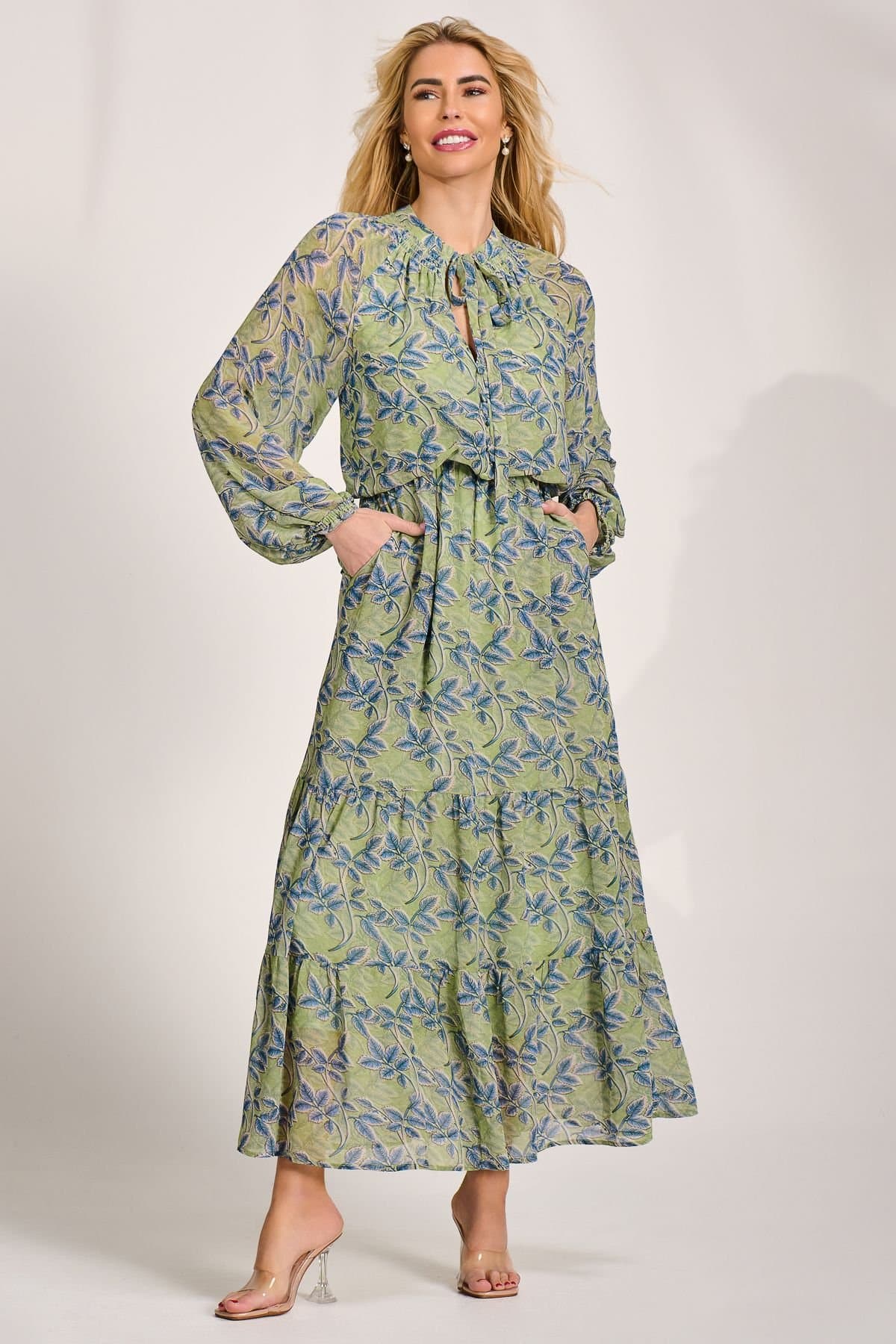 Jolie Moi Jolie Moi Women's Chiffon Long Sleeve Tiered Maxi Dress