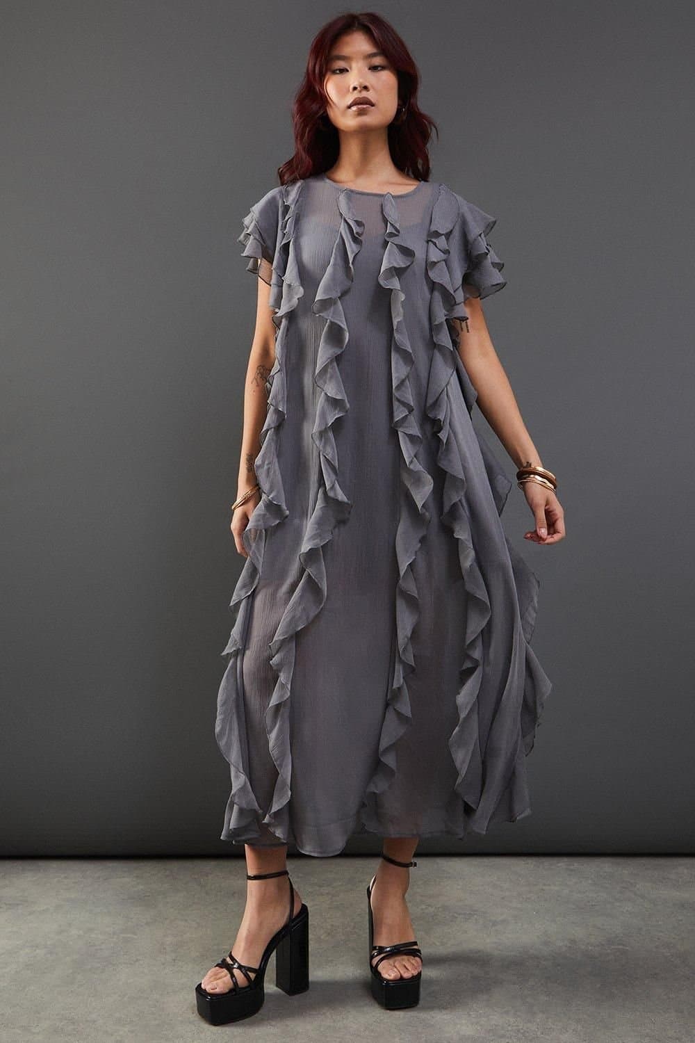 Warehouse Warehouse Grey Chiffon Ruffle Tendril Sleeveless Dress