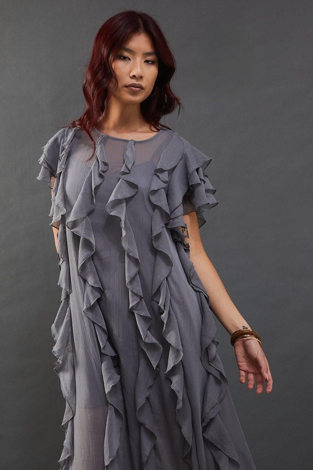 Warehouse Warehouse Women's Chiffon Ruffle Tendril Sleeveless Midaxi Dress in Grey - 4