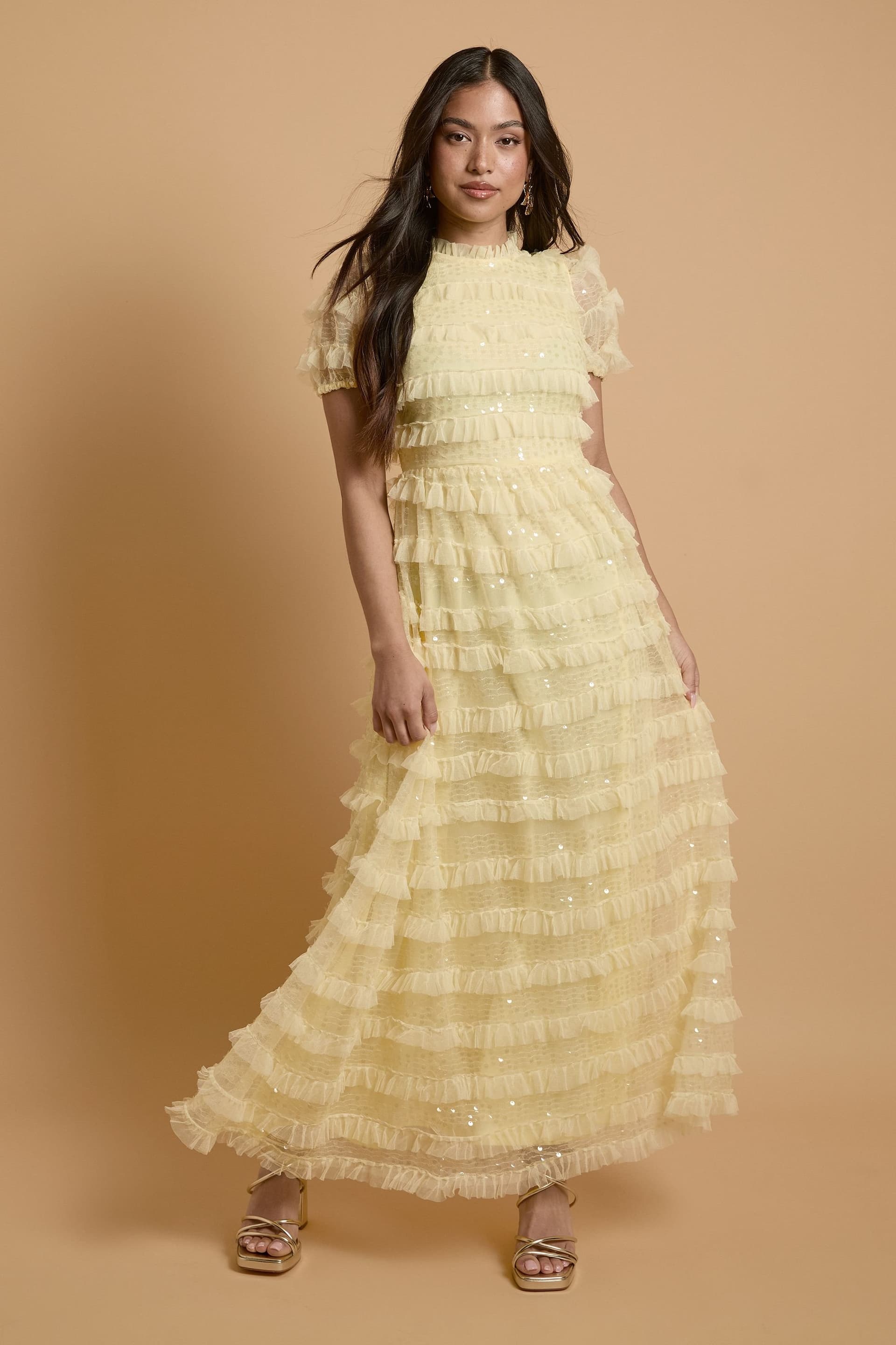 Oasis Oasis Women's Petite Tiered Mesh Sequin Occasion Maxi Dress in Yellow