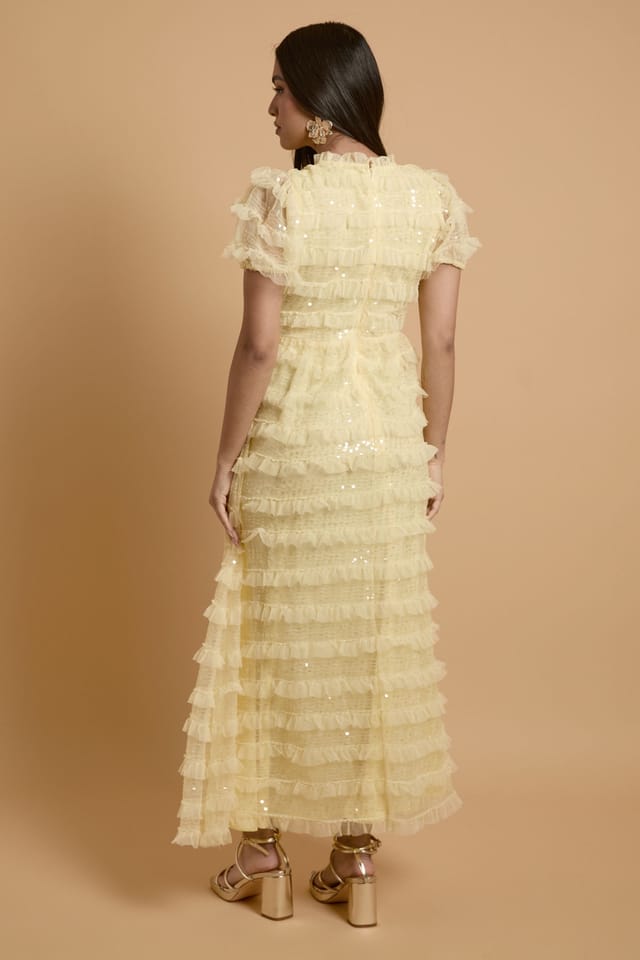 Oasis Oasis Women's Petite Tiered Mesh Sequin Occasion Maxi Dress in Yellow - 3