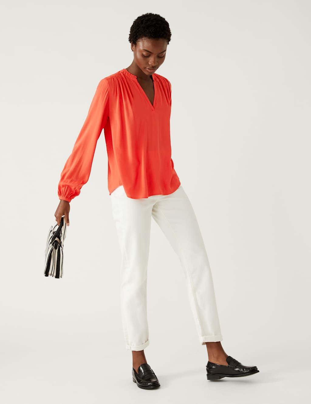 Marks & Spencer M&S Collarless Regular Fit Long Sleeve Blouse Flame - 1