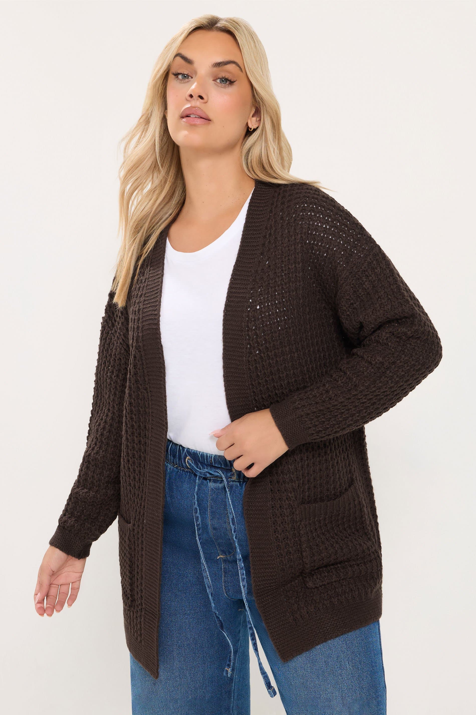 Yours Plus Size Chocolate Brown Waffle Knit Cardigan